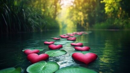 Aufkleber - Floating green heart-shaped leaves on tranquil water surface reflecting morning light in a serene natural setting