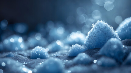 Sparkling ice formations on a winter landscape, reflecting light in a myriad of soft blue bokeh orbs. Frosty & serene winter scene.