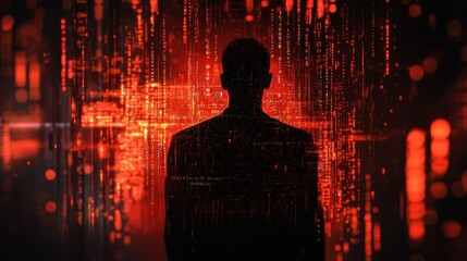 Silhouette of a figure overlaid with red digital code, symbolizing cybersecurity, data protection, artificial intelligence.