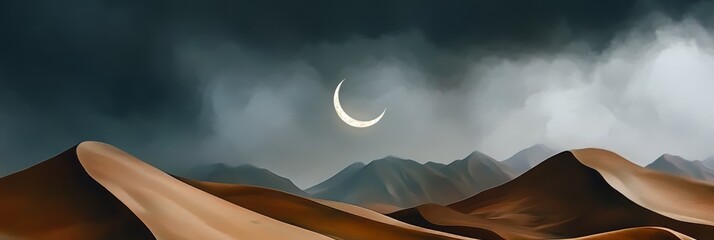 Wall Mural - the sky is dark and cloudy, with a crescent moon shining brightly in the middle. the clouds cover th
