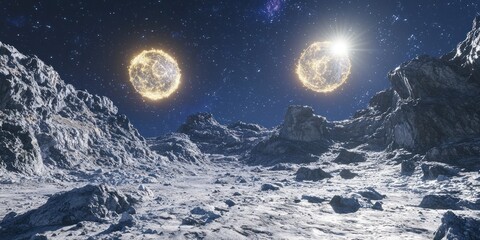 Wall Mural - a breathtaking alien world with two suns, jagged rock formations, and futuristic spacecraft