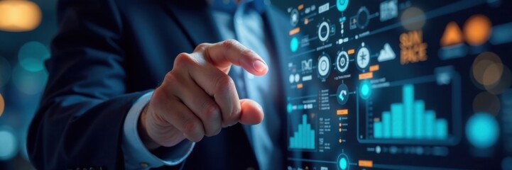 Businessman pressing virtual media type of buttons on a sleek touchscreen display, tech, electronics, interface