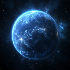 Wall Mural - glowing blue planet in space, nebula background, sci-fi artwork