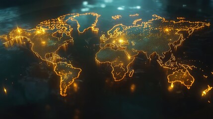 illuminated world map showcasing global connectivity with glowing city highlights against a dark bac