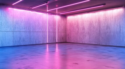 Aufkleber - Empty room with neon pink and blue lights reflecting on polished concrete floor.