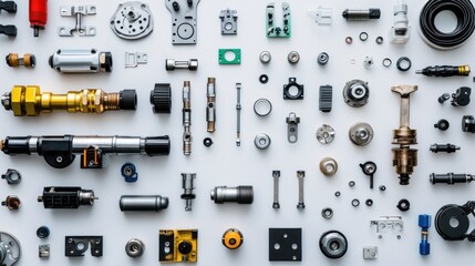 Poster - Flat lay of various mechanical parts and components on white background. (1)