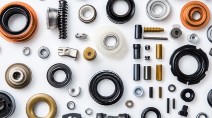 Aufkleber - Flat lay of various mechanical parts and components on white background. (3)