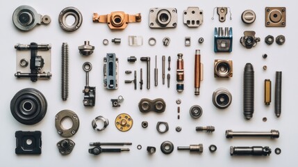 Poster - Flat lay of various metal machine parts and components arranged on white background.
