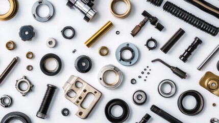 Aufkleber - Flat lay of various metal parts and components on white background. (2)