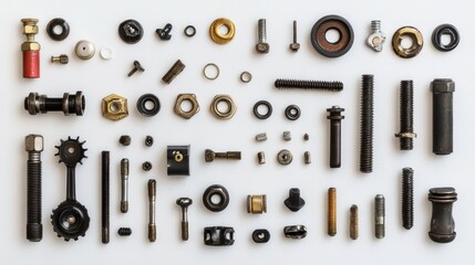 Aufkleber - Flat lay of various metal parts, bolts, nuts, screws, washers, and other hardware components arranged on a white background.