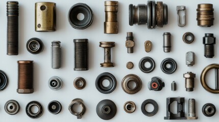 Poster - Flat lay of various metal parts, industrial components, mechanical pieces, and hardware on white background.