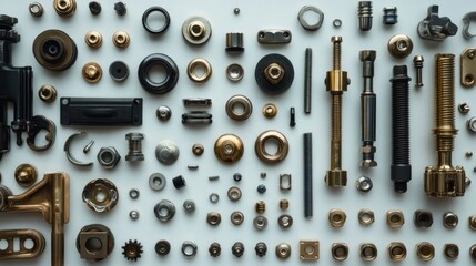 Leinwandbilder - Flat lay of various metallic parts, screws, bolts, nuts, and gears arranged on a white background.
