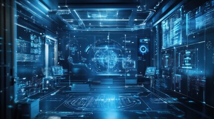 Fototapete - Futuristic blue digital room with holographic interfaces and displays.