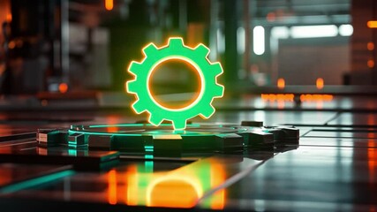 Wall Mural - futuristic gear symbol with neon glow on digital platform surrounded by bright orange lights in high