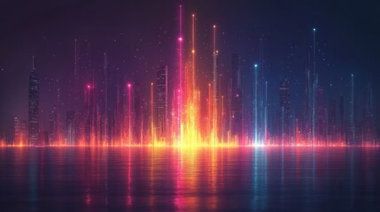 Aufkleber - Futuristic city skyline at night reflected in water, vibrant neon lights.