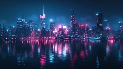 Aufkleber - Futuristic city skyline at night, reflecting in calm water; vibrant pink and blue neon lights.