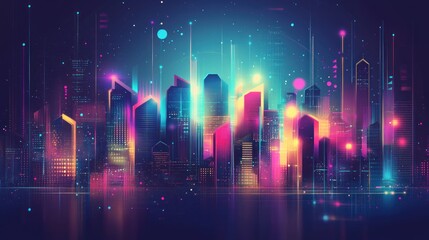 Aufkleber - Futuristic cityscape at night, vibrant neon lights reflecting on water, digital elements.