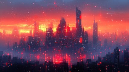 Aufkleber - Futuristic cityscape at sunset, glowing buildings and red sky.