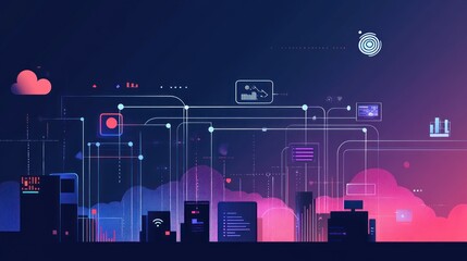 Fototapete - Futuristic cityscape with interconnected digital data streams and cloud computing.
