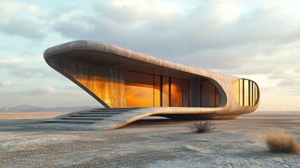 Poster - Futuristic concrete house in desert landscape at sunset.