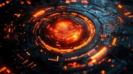 Fototapete - Futuristic digital interface with glowing orange circuits and central text.