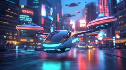 Aufkleber - Futuristic flying car hovering above a vibrant city street at night.