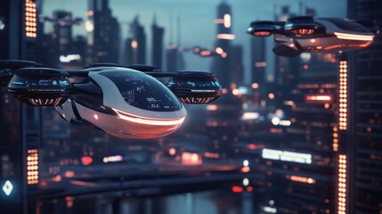 Poster - Futuristic flying vehicles soar over a vibrant, neon-lit cityscape at night.