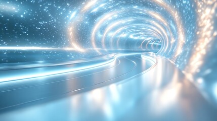 Aufkleber - Futuristic glowing blue and white tunnel with reflective floor and starry ceiling.
