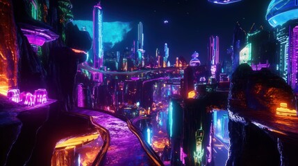 Aufkleber - Futuristic neon city at night with glowing buildings, bridges, and landscapes.