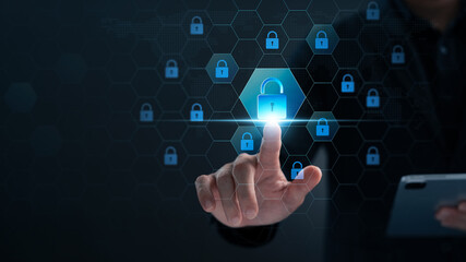Wall Mural - businessman touching cyber security, internet security firewall, digital crime protection, corporate