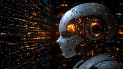 Fototapete - Futuristic robot observing binary code stream.