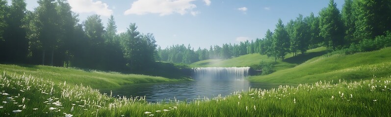 Aufkleber - Scenic landscape featuring a serene river, lush greenery, and a waterfall under a bright sky.