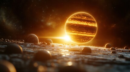 Poster - Glowing gas giant planet and its moons in space.