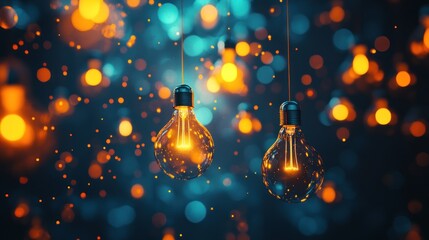 Poster - Glowing light bulbs hanging against a bokeh background.