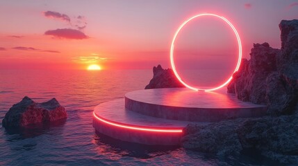 Aufkleber - Glowing neon circle stage on coastal rocks at sunset.