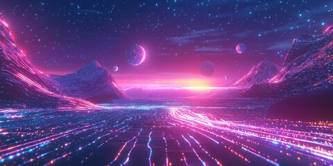 Wall Mural - a sci-fi-inspired cyber world with glowing data streams and floating virtual objects