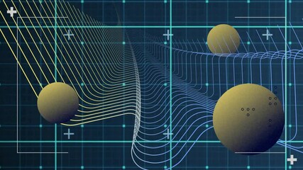 Wall Mural - animation of floating spheres over grid with dynamic wave lines and plus symbols