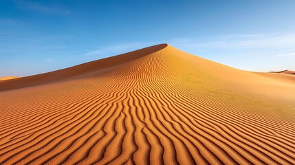 sandy desert dune landscape under bright blue clear sky and sun