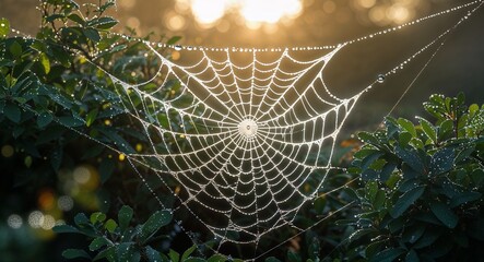 Dewcovered spiderweb on garden bush in morning light