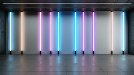 Wall Mural - Vertical colored neon lights illuminating a stark and empty room