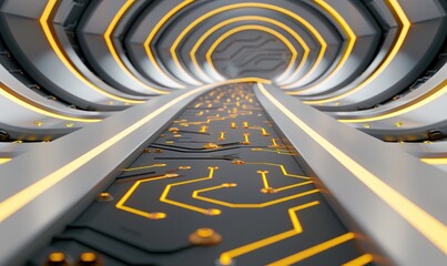 Wall Mural - An abstract futuristic tunnel with glowing lines and electronic circuits