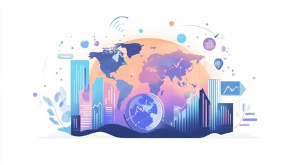 Wall Mural - Global business expansion illustration with financial indicators, increasing profit margins, and futuristic economic analysis.