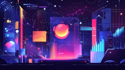 Wall Mural - Global business expansion illustration with financial indicators, increasing profit margins, and futuristic economic analysis.