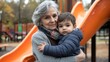 © Rakyandani - Grandmother holding her grandson at a playground with colorful slides and trees in the background during autumn