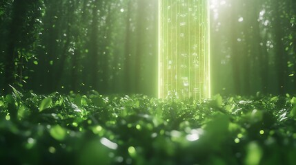Poster - Lush green foliage illuminated by ethereal light creates a serene, magical atmosphere.
