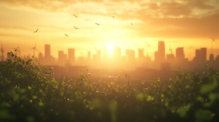 Poster - A vibrant sunset over a city skyline framed by green foliage and birds in the sky.