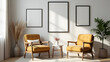 © HaJung - Cozy and Stylish Living Room Decor: Chairs, Picture Frames, and Flower Vases for a Beautiful Home Environment - Photo Stock Concept with Empty Space