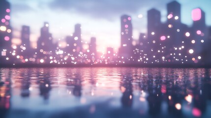 Poster - Serene cityscape reflection with colorful bokeh lights at dusk over water.