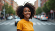© HaJung - Vibrant Portrait of Happy Mixed Race Gen Z Woman in City Street