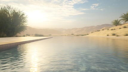 Poster - Serene landscape featuring a calm water body, mountains, and gentle sunlight at dawn.
